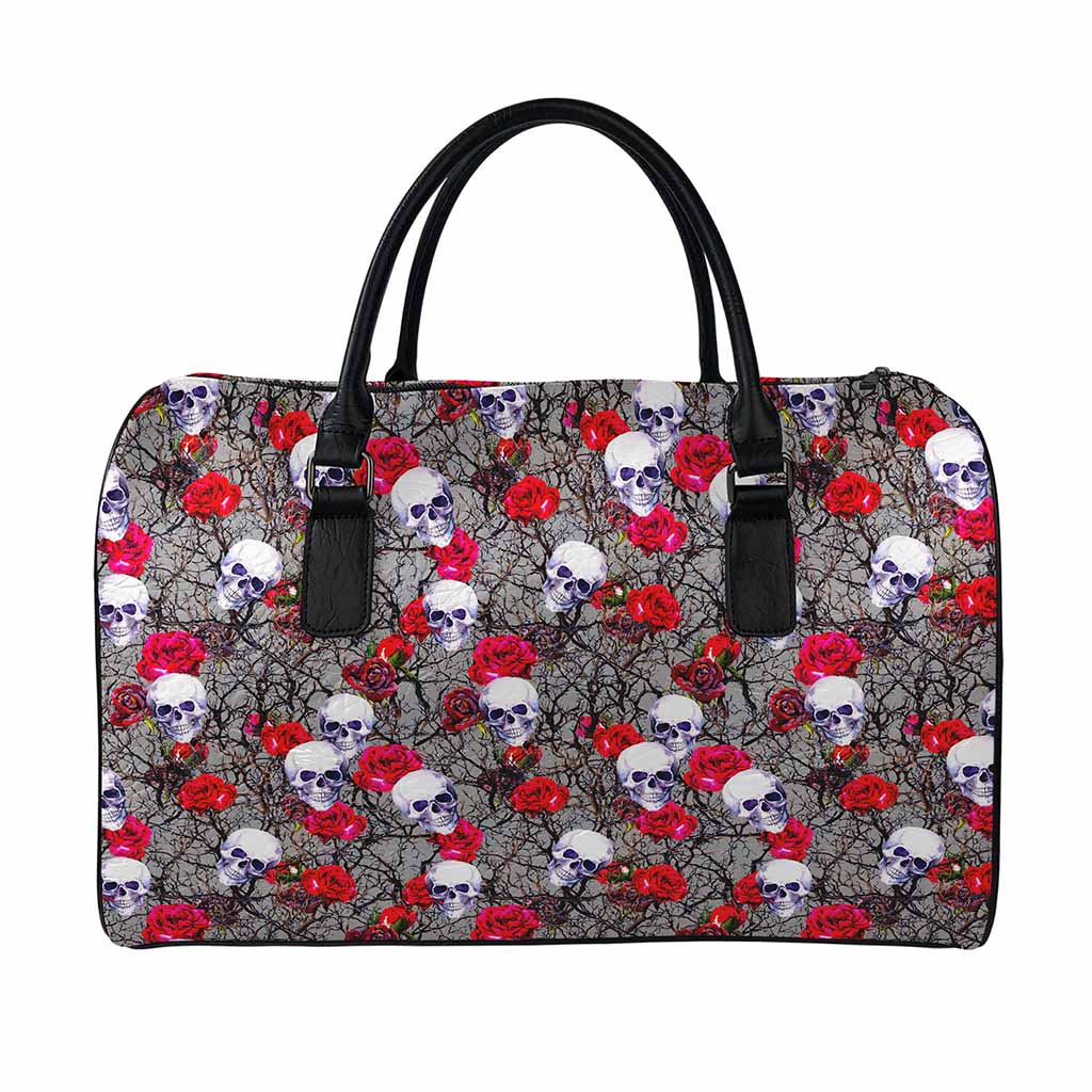 Rose Branch Skull Pattern Print Leather Duffle Bag