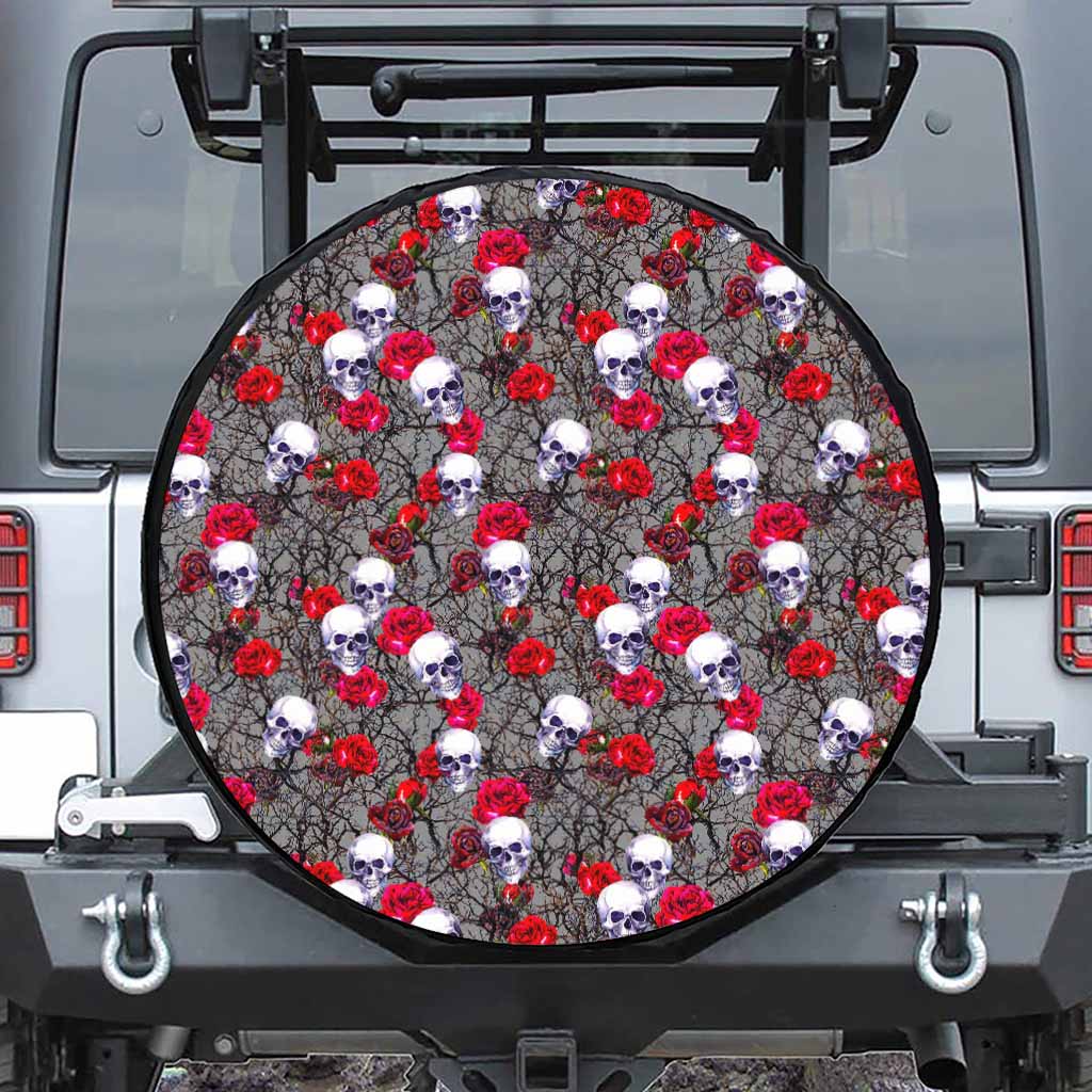 Rose Branch Skull Pattern Print Leather Spare Tire Cover