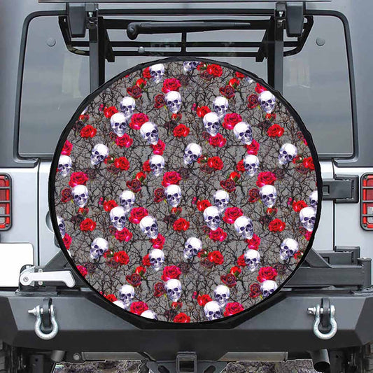 Rose Branch Skull Pattern Print Leather Spare Tire Cover