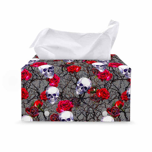 Rose Branch Skull Pattern Print Leather Tissue Box Cover