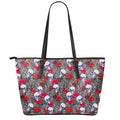 Rose Branch Skull Pattern Print Leather Tote Bag With Zipper