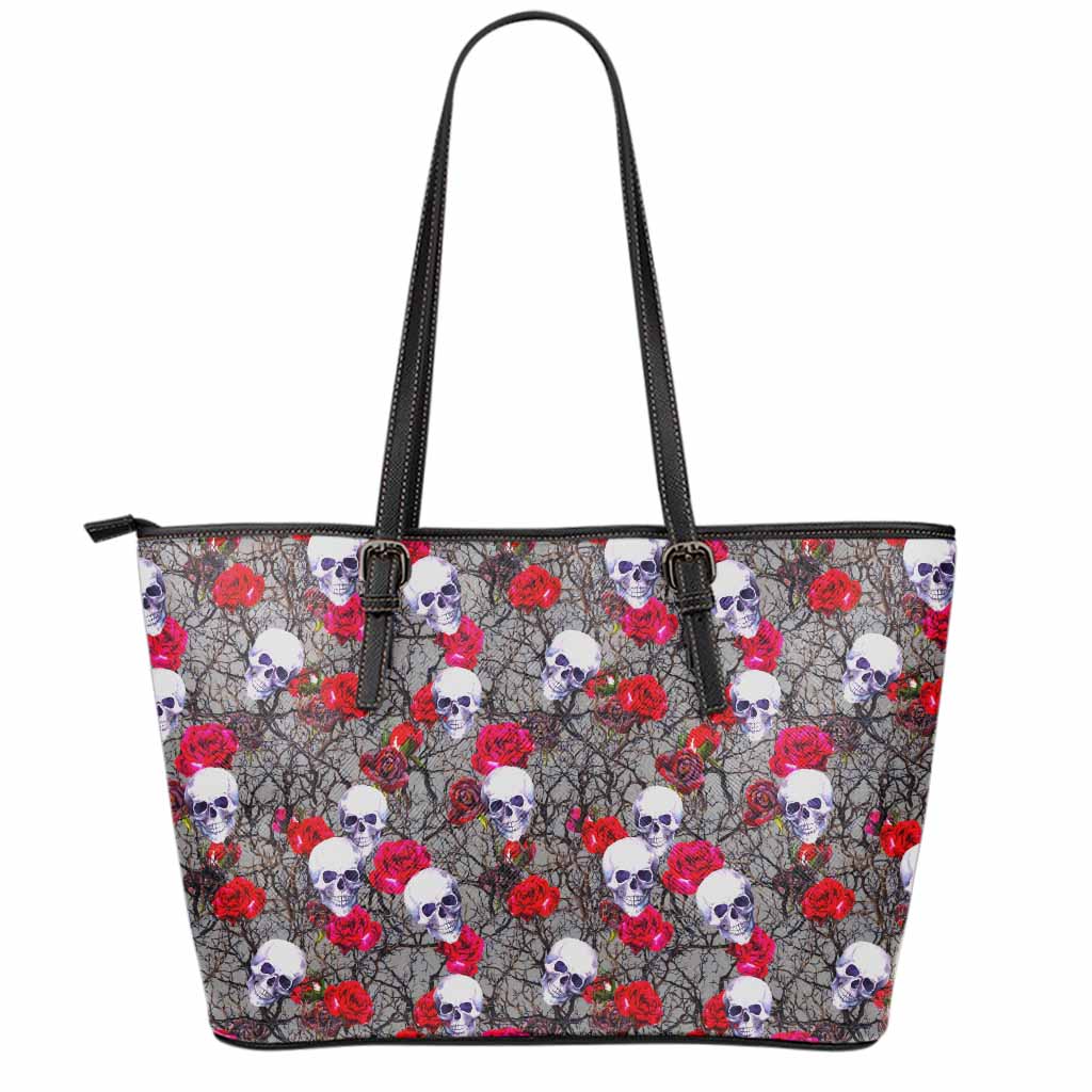 Rose Branch Skull Pattern Print Leather Tote Bag
