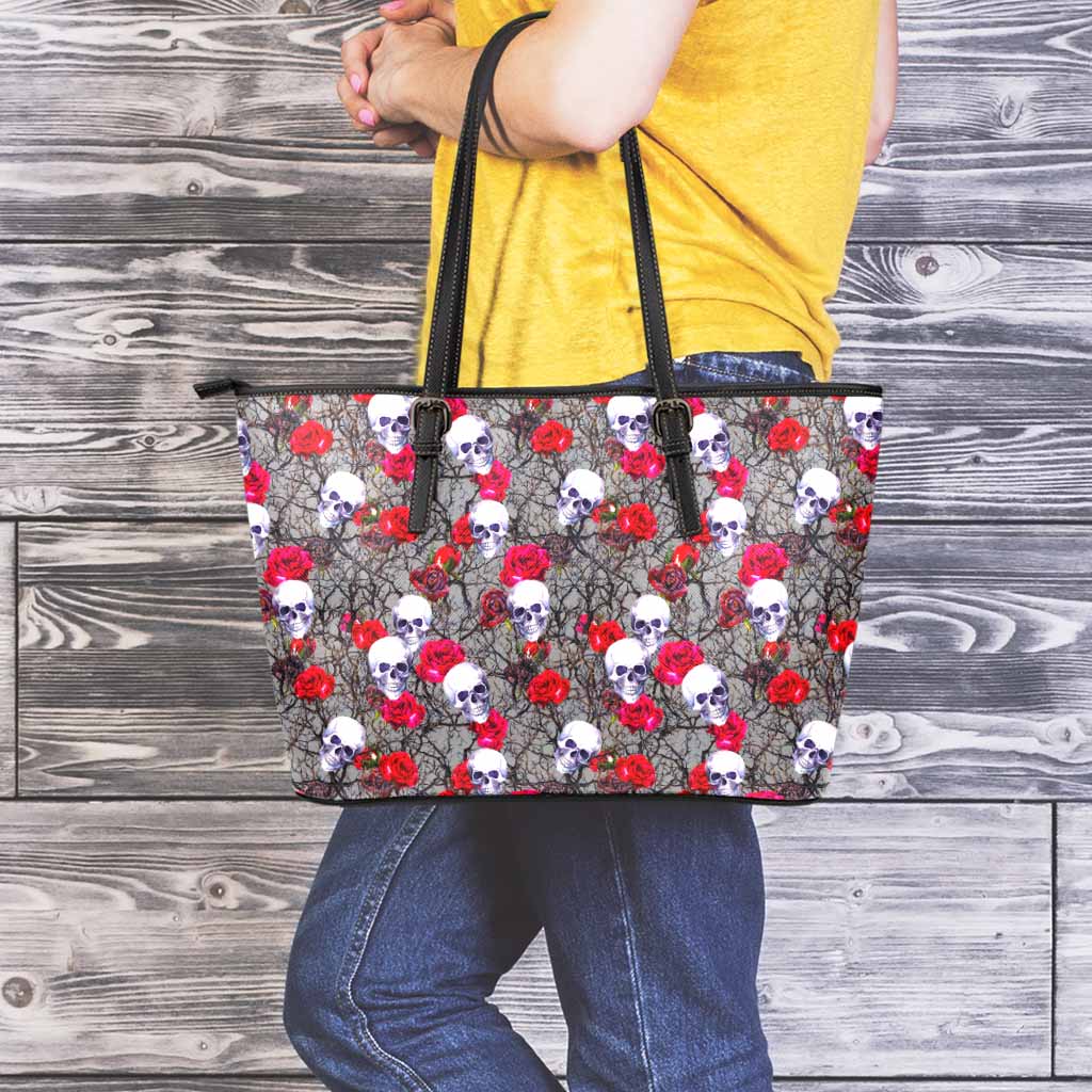 Rose Branch Skull Pattern Print Leather Tote Bag
