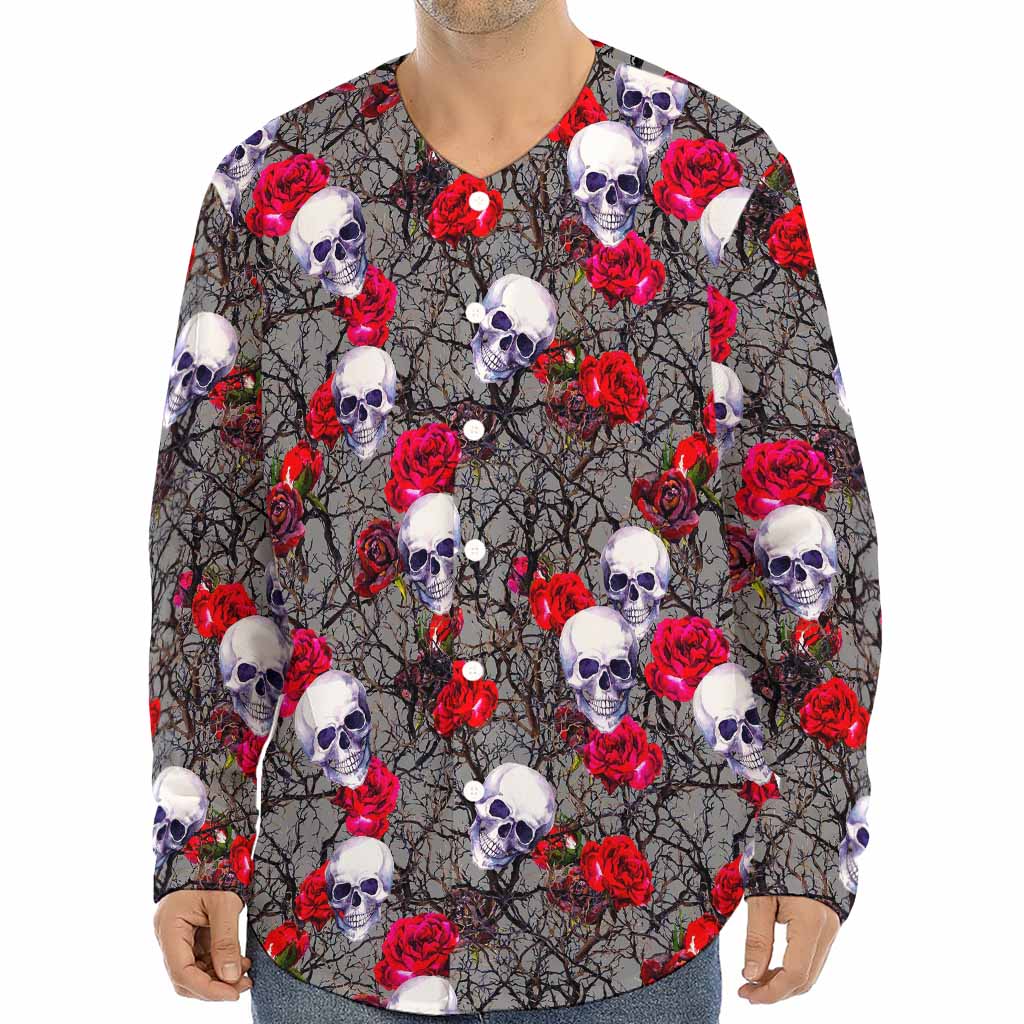 Rose Branch Skull Pattern Print Long Sleeve Baseball Jersey