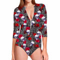 Rose Branch Skull Pattern Print Long Sleeve Swimsuit