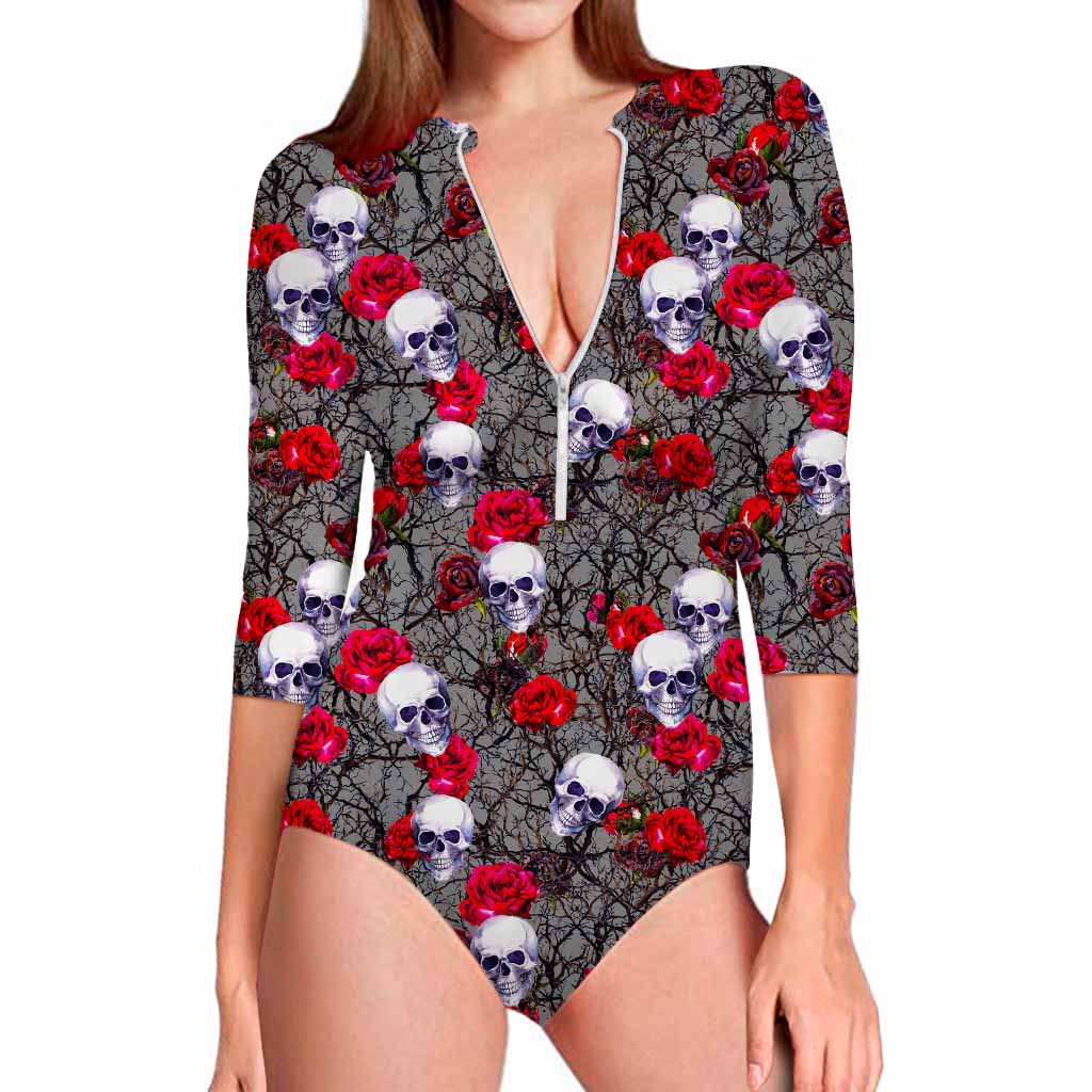 Rose Branch Skull Pattern Print Long Sleeve Swimsuit