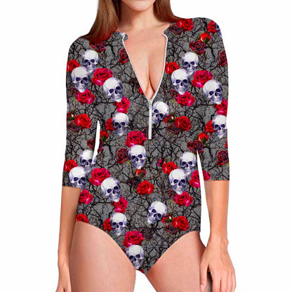 Rose Branch Skull Pattern Print Long Sleeve Swimsuit
