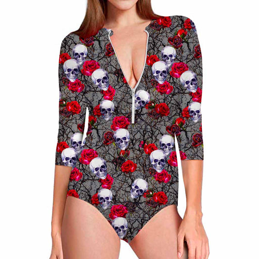 Rose Branch Skull Pattern Print Long Sleeve Swimsuit
