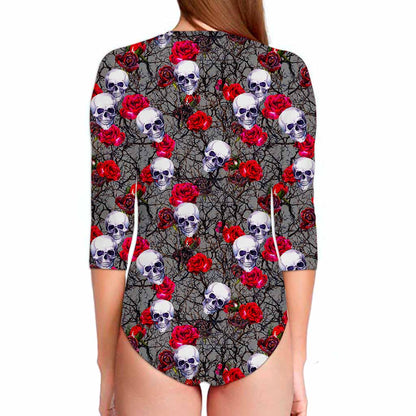Rose Branch Skull Pattern Print Long Sleeve Swimsuit