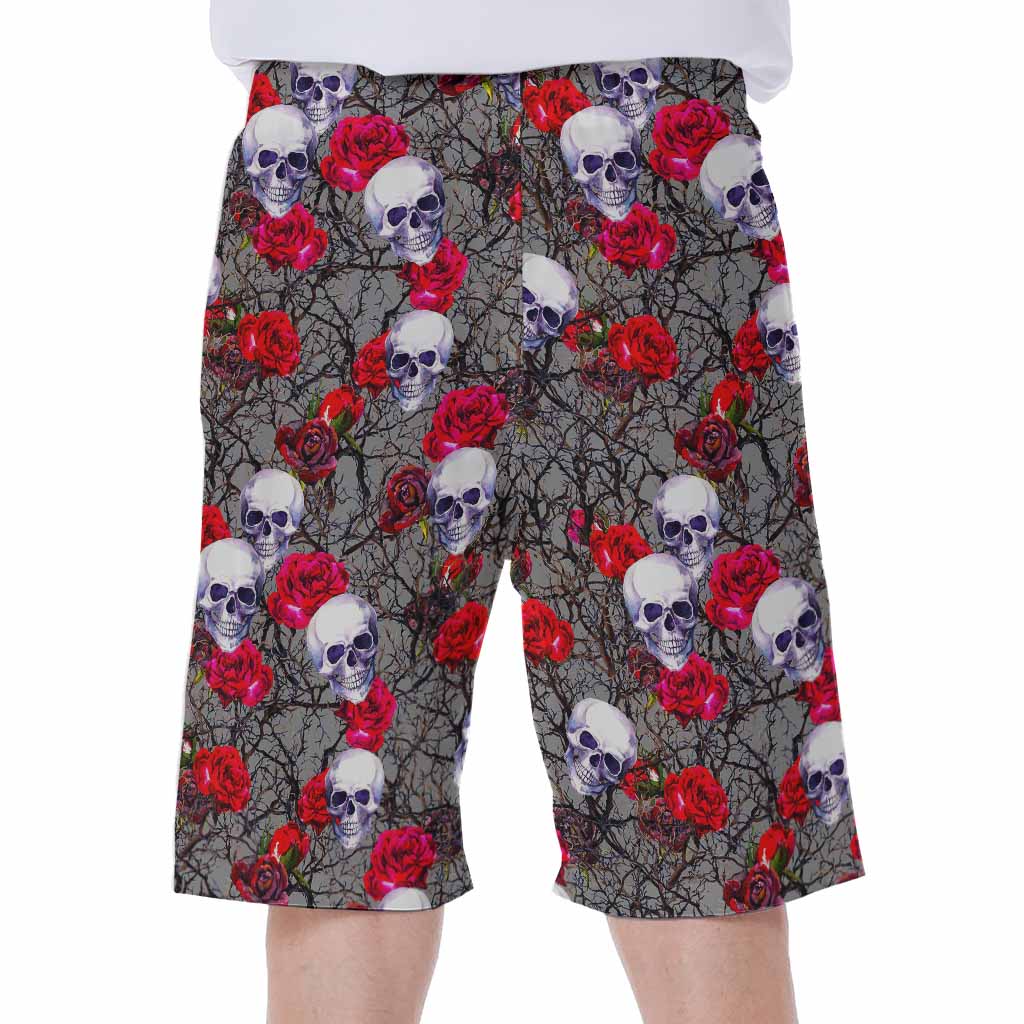 Rose Branch Skull Pattern Print Men's Beach Shorts
