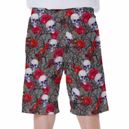 Rose Branch Skull Pattern Print Men's Beach Shorts