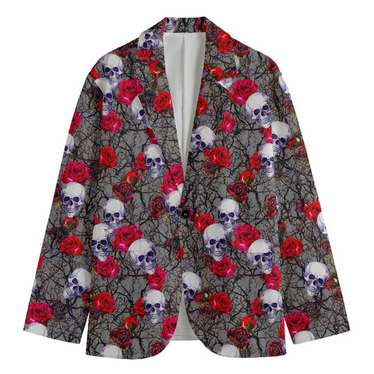 Rose Branch Skull Pattern Print Men's Blazer