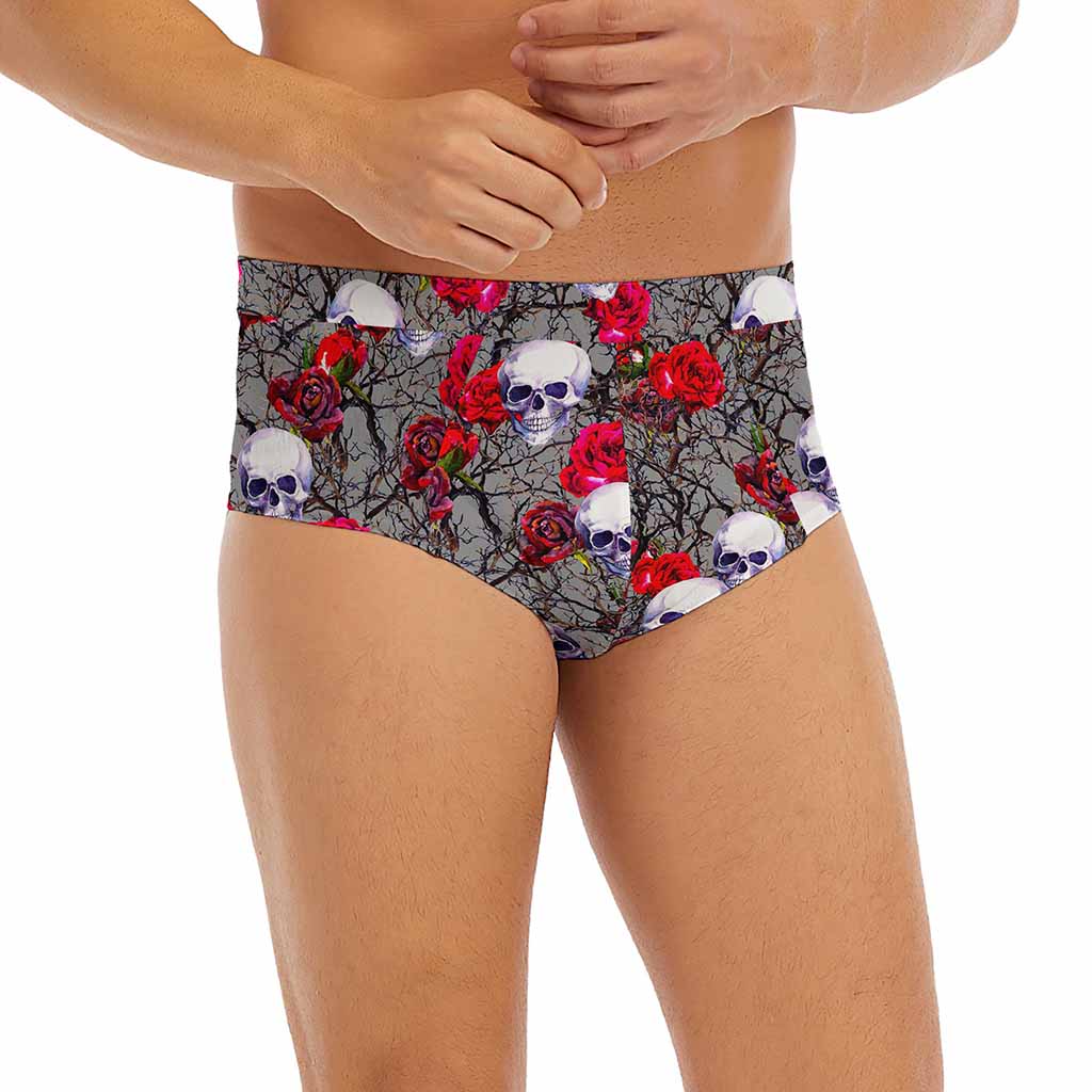 Rose Branch Skull Pattern Print Men's Briefs