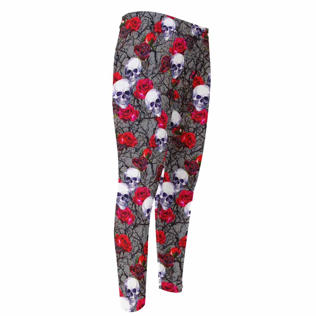 Rose Branch Skull Pattern Print Men's Compression Pants