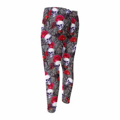 Rose Branch Skull Pattern Print Men's Compression Pants