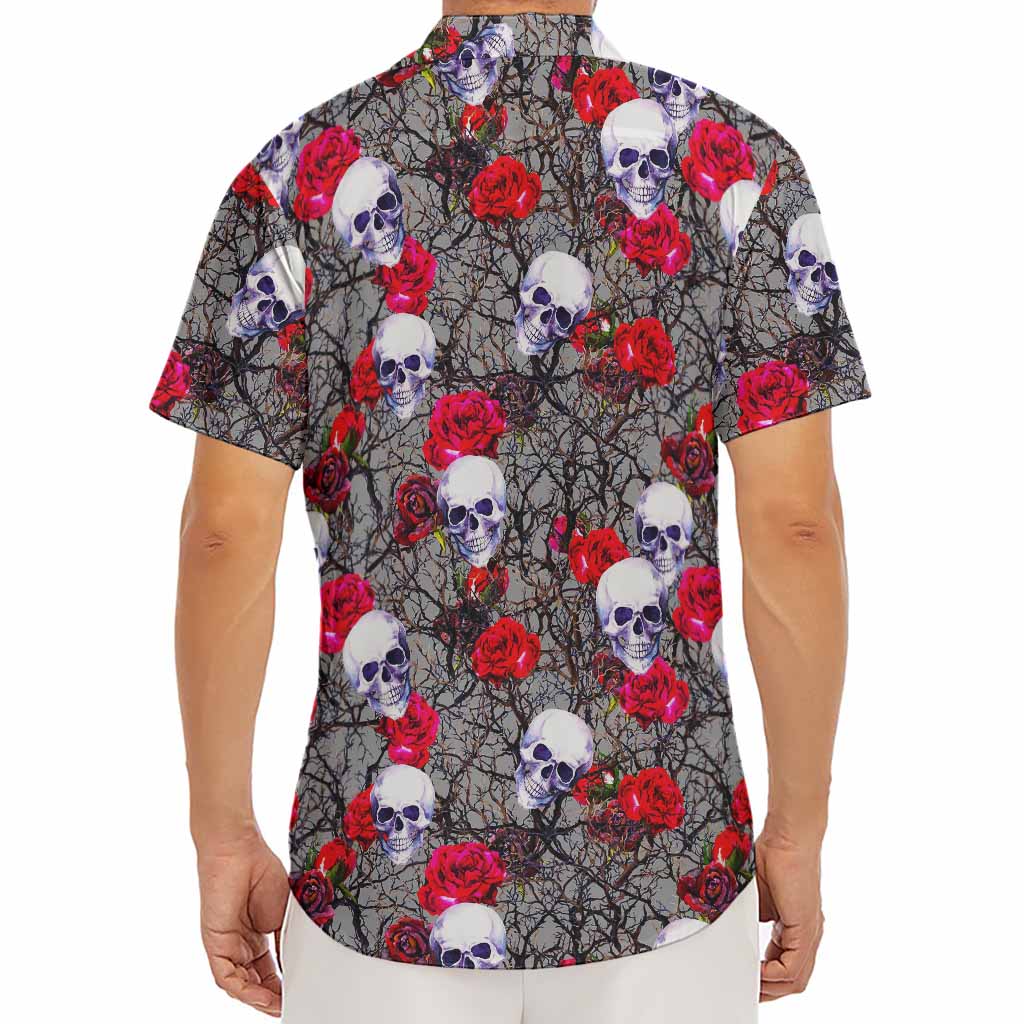 Rose Branch Skull Pattern Print Men's Deep V-Neck Shirt