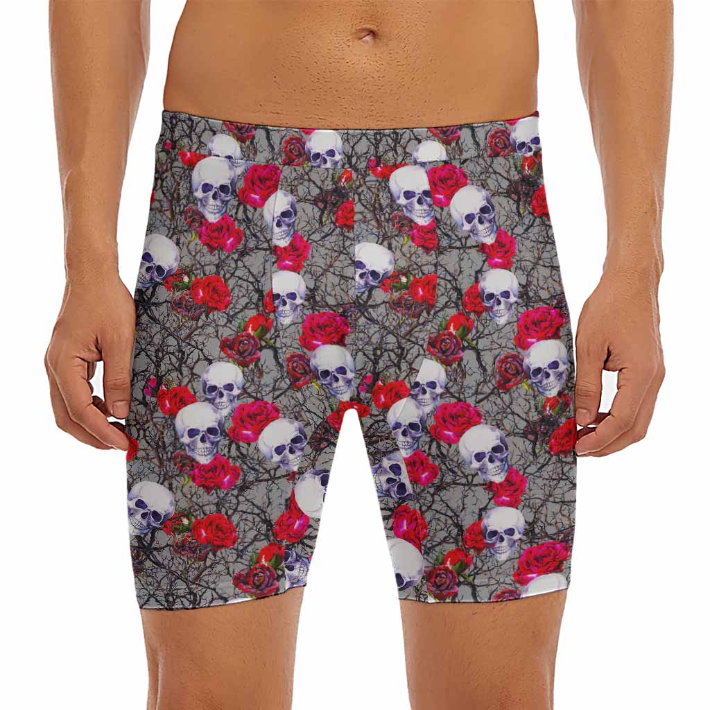 Rose Branch Skull Pattern Print Men's Long Boxer Briefs