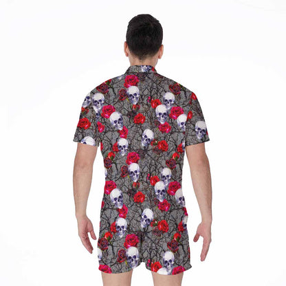 Rose Branch Skull Pattern Print Men's Rompers