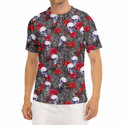 Rose Branch Skull Pattern Print Men's Short Sleeve Rash Guard