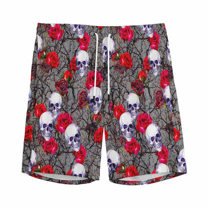 Rose Branch Skull Pattern Print Men's Sports Shorts