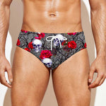 Rose Branch Skull Pattern Print Men's Swim Briefs