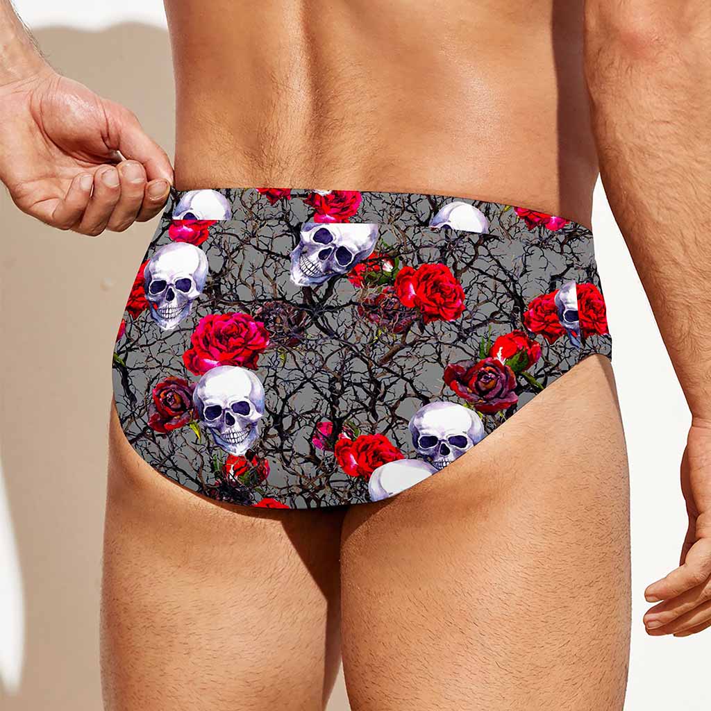 Rose Branch Skull Pattern Print Men's Swim Briefs