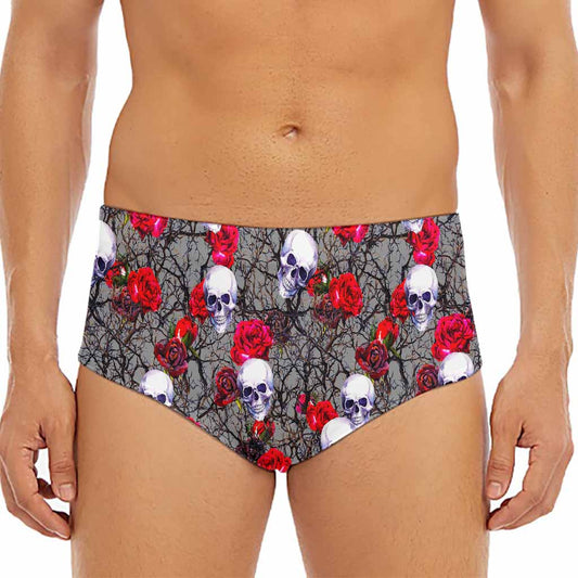 Rose Branch Skull Pattern Print Men's Triangle Swim Briefs