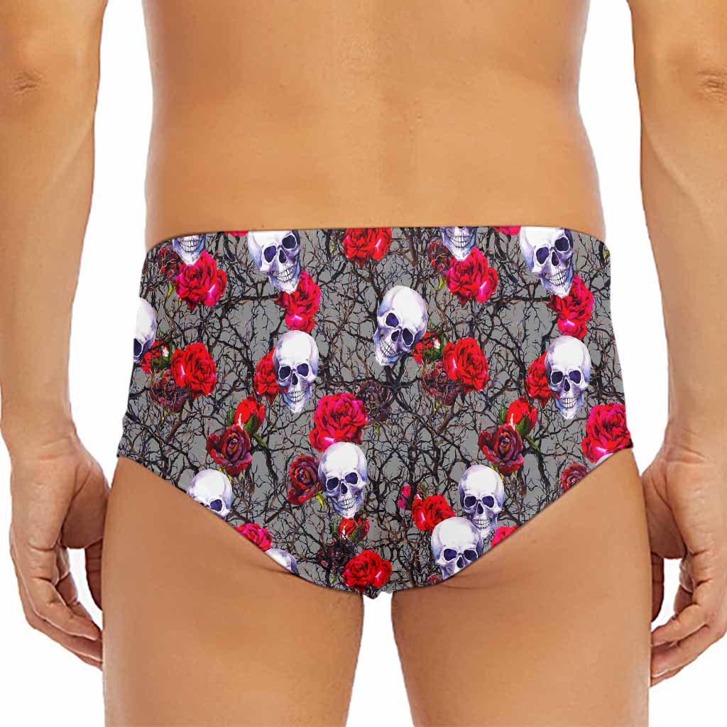 Rose Branch Skull Pattern Print Men's Triangle Swim Briefs