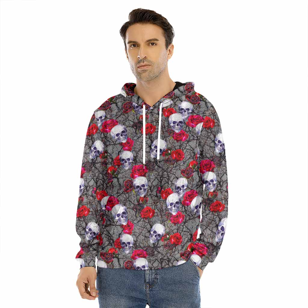 Rose Branch Skull Pattern Print Men's Velvet Pullover Hoodie
