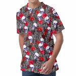 Rose Branch Skull Pattern Print Men's Velvet T-Shirt