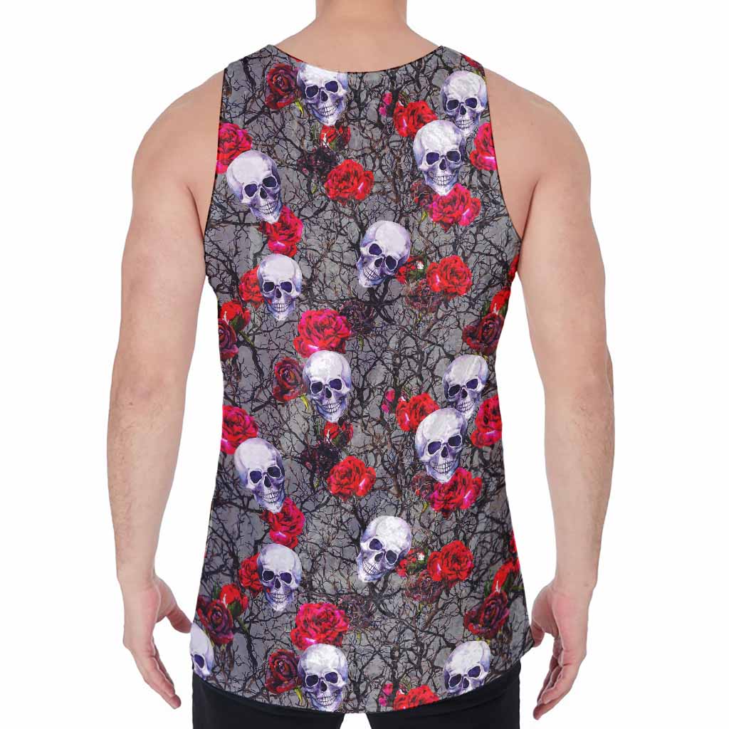 Rose Branch Skull Pattern Print Men's Velvet Tank Top