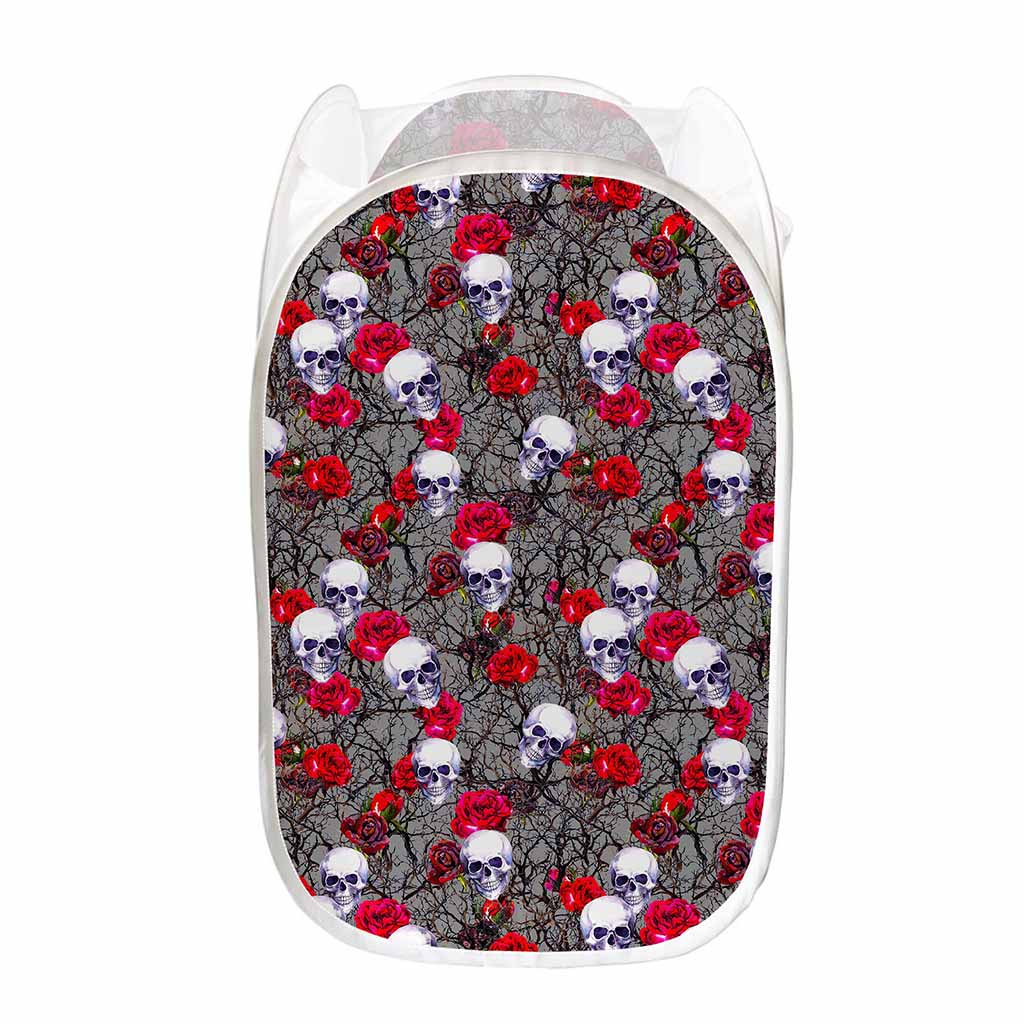 Rose Branch Skull Pattern Print Mesh Laundry Hamper