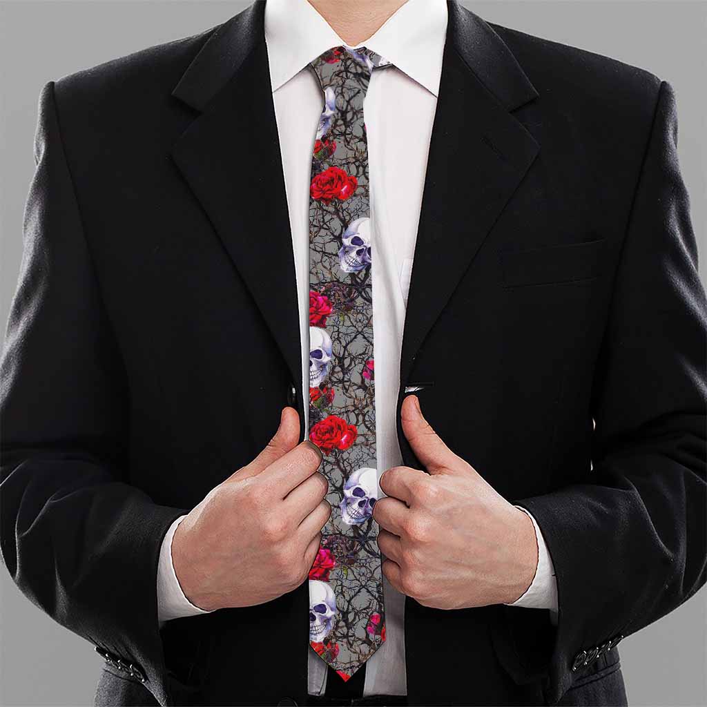 Rose Branch Skull Pattern Print Necktie