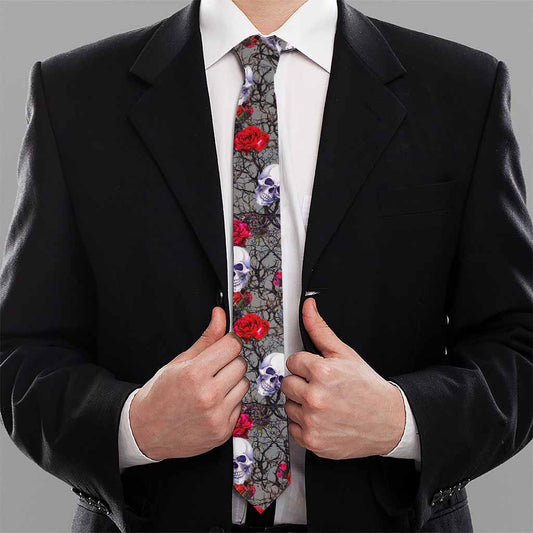 Rose Branch Skull Pattern Print Necktie
