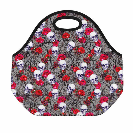 Rose Branch Skull Pattern Print Neoprene Lunch Bag