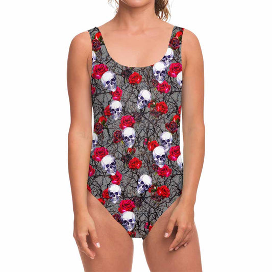 Rose Branch Skull Pattern Print One Piece Swimsuit