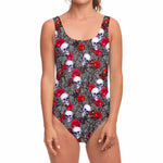 Rose Branch Skull Pattern Print One Piece Swimsuit