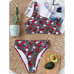 Rose Branch Skull Pattern Print One Shoulder Bikini Top