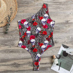 Rose Branch Skull Pattern Print One Shoulder Bodysuit