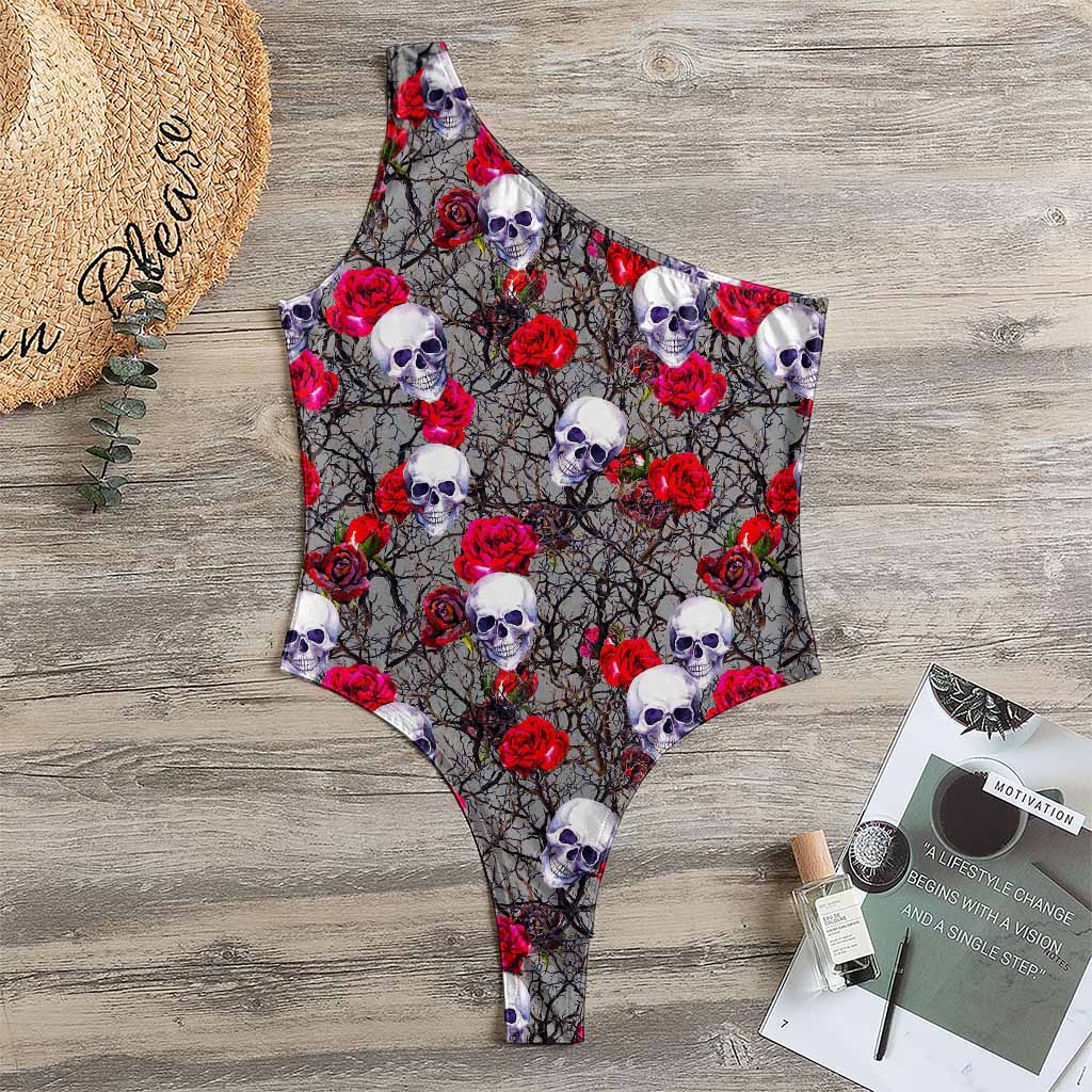 Rose Branch Skull Pattern Print One Shoulder Bodysuit