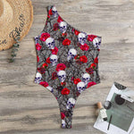 Rose Branch Skull Pattern Print One Shoulder Bodysuit