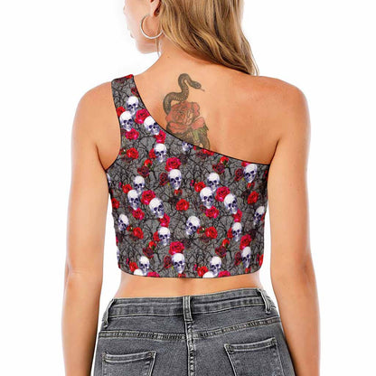 Rose Branch Skull Pattern Print One Shoulder Crop Top