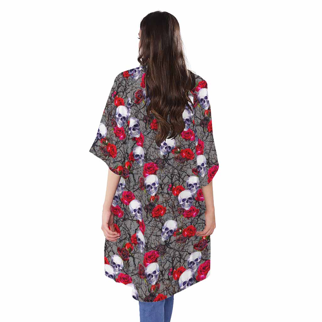 Rose Branch Skull Pattern Print Open Front Beach Cover Up