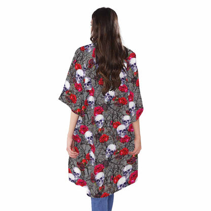 Rose Branch Skull Pattern Print Open Front Beach Cover Up