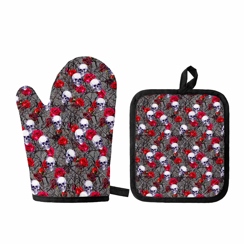 Rose Branch Skull Pattern Print Oven Mitt And Pot Holder Set