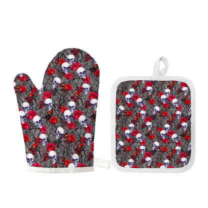 Rose Branch Skull Pattern Print Oven Mitt And Pot Holder Set