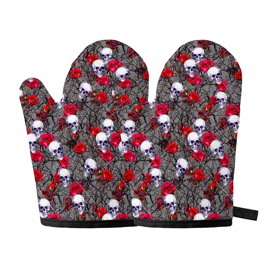 Rose Branch Skull Pattern Print Oven Mitts