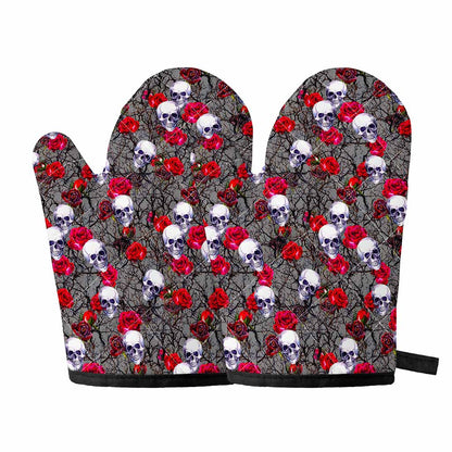 Rose Branch Skull Pattern Print Oven Mitts