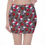 Rose Branch Skull Pattern Print Pencil Mini Skirt