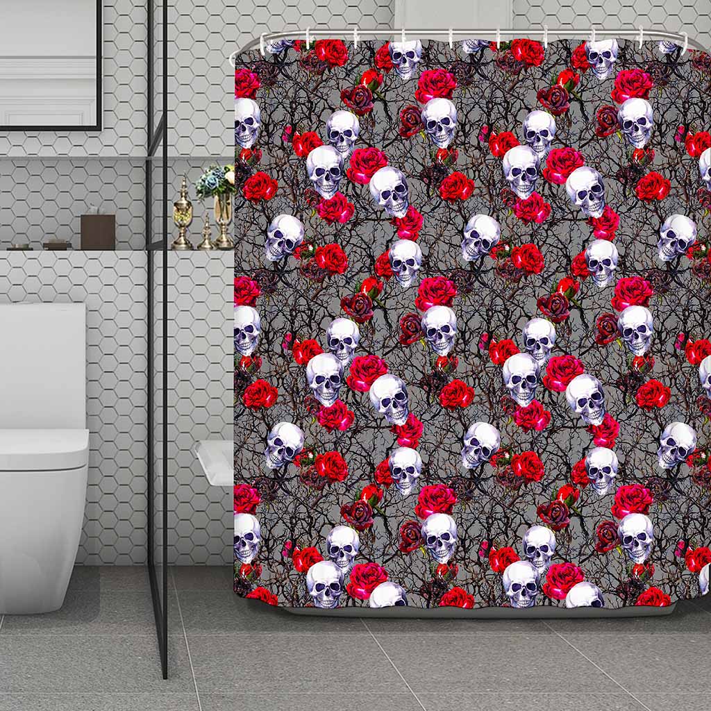 Rose Branch Skull Pattern Print Polyester Shower Curtain